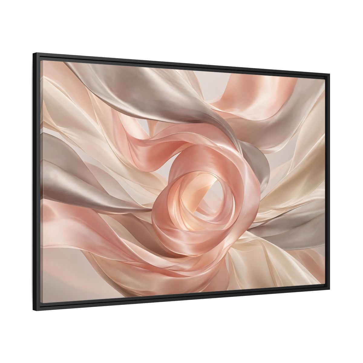 Side Mockup 12. Abstract Flowing Fabric Blush And Gold shown as stretched canvas wall art