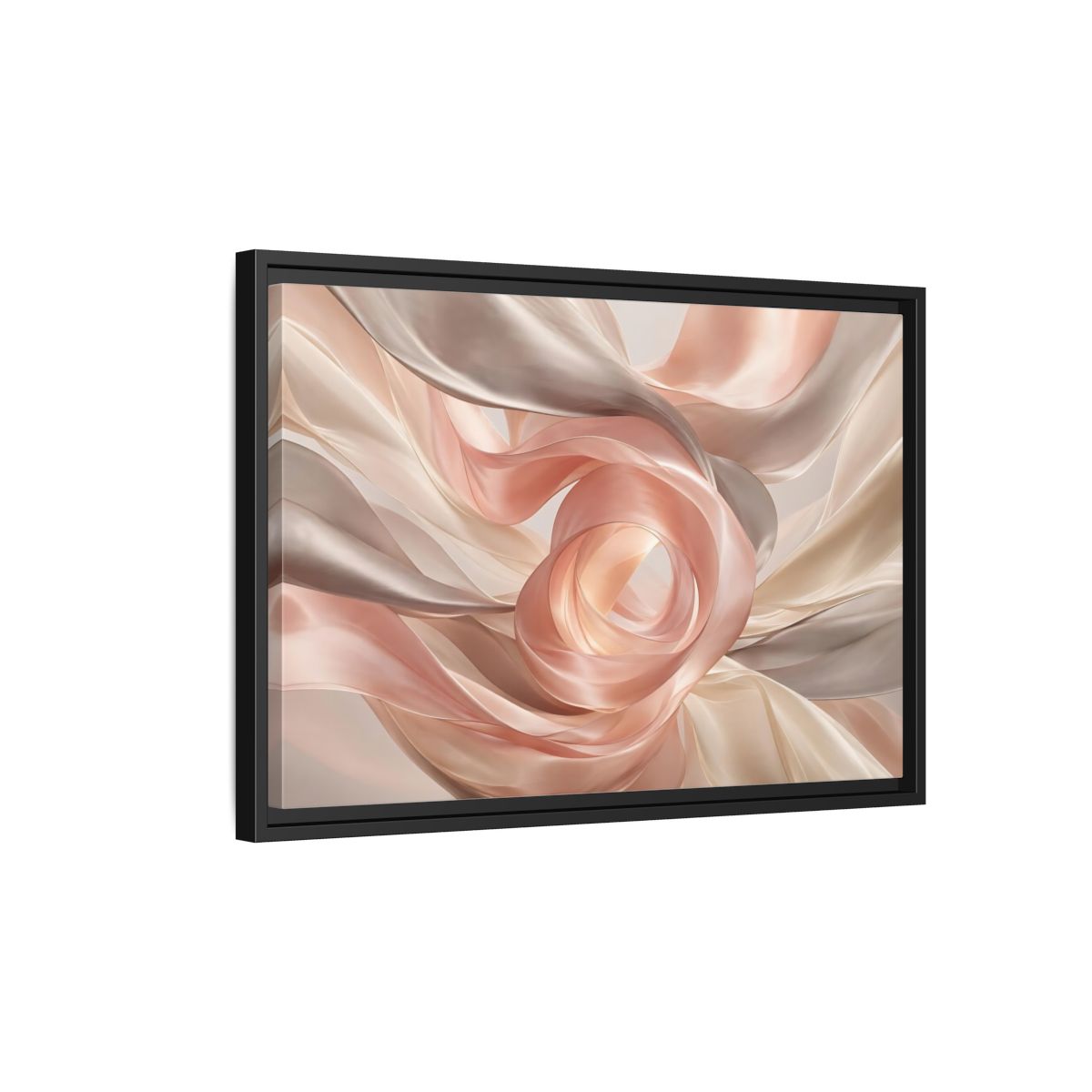 Side Mockup 3. Abstract Flowing Fabric Blush And Gold shown as stretched canvas wall art