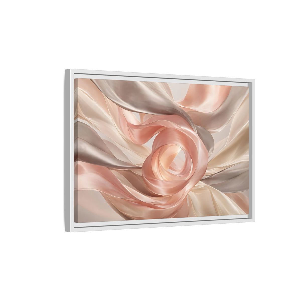 Side Mockup 1. Abstract Flowing Fabric Blush And Gold shown as stretched canvas wall art