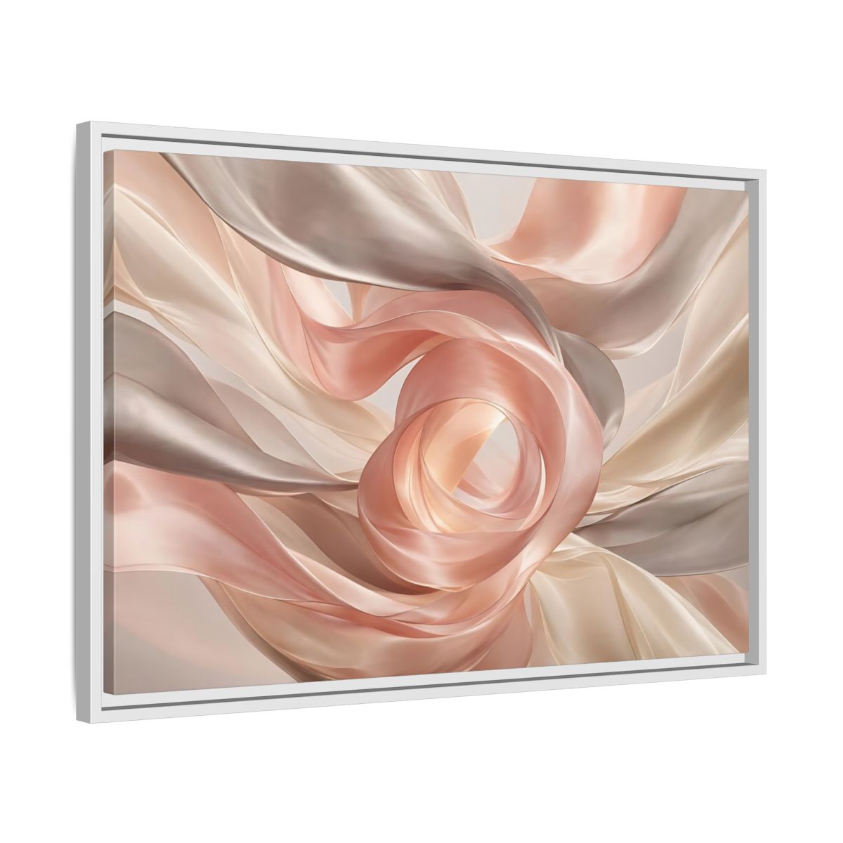 Side Mockup 10. Abstract Flowing Fabric Blush And Gold shown as stretched canvas wall art