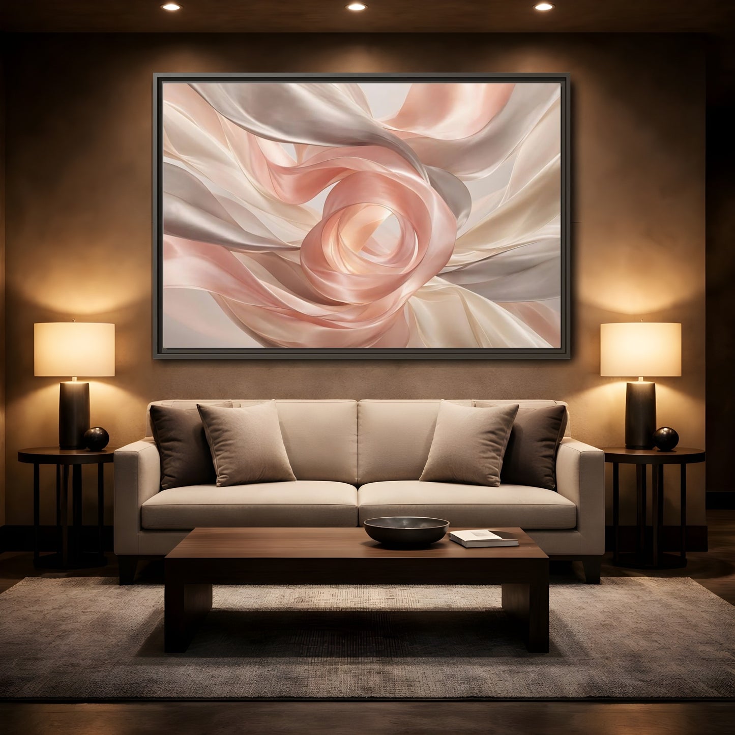 Mockup 2. Abstract Flowing Fabric Blush And Gold shown as stretched canvas wall art