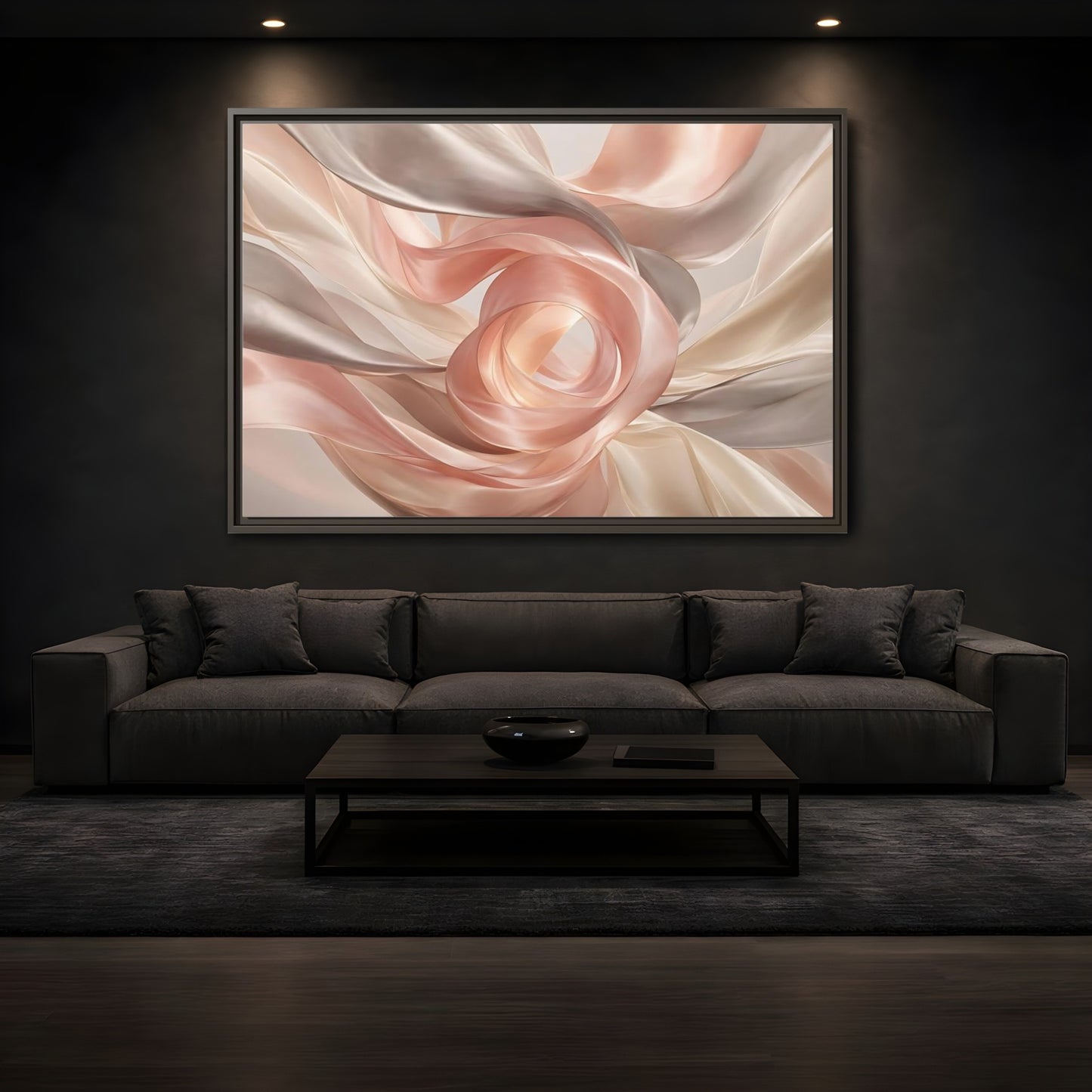 Mockup 3. Abstract Flowing Fabric Blush And Gold shown as stretched canvas wall art