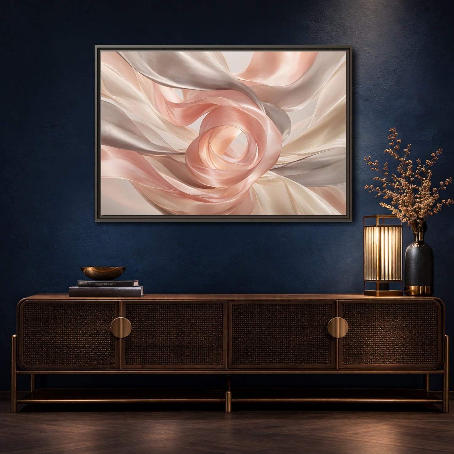 Mockup 4. Abstract Flowing Fabric Blush And Gold shown as stretched canvas wall art
