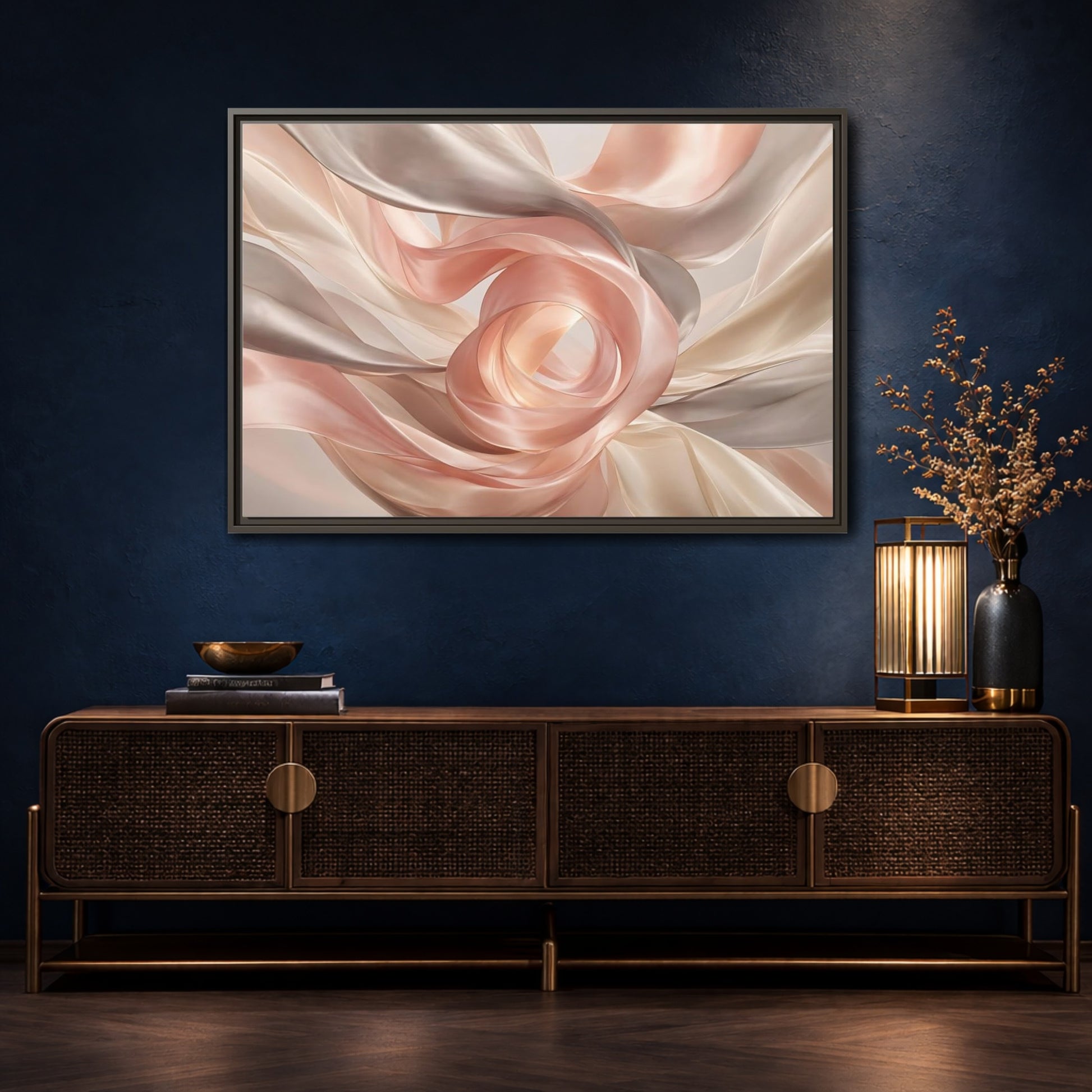 Mockup 4. Abstract Flowing Fabric Blush And Gold shown as stretched canvas wall art