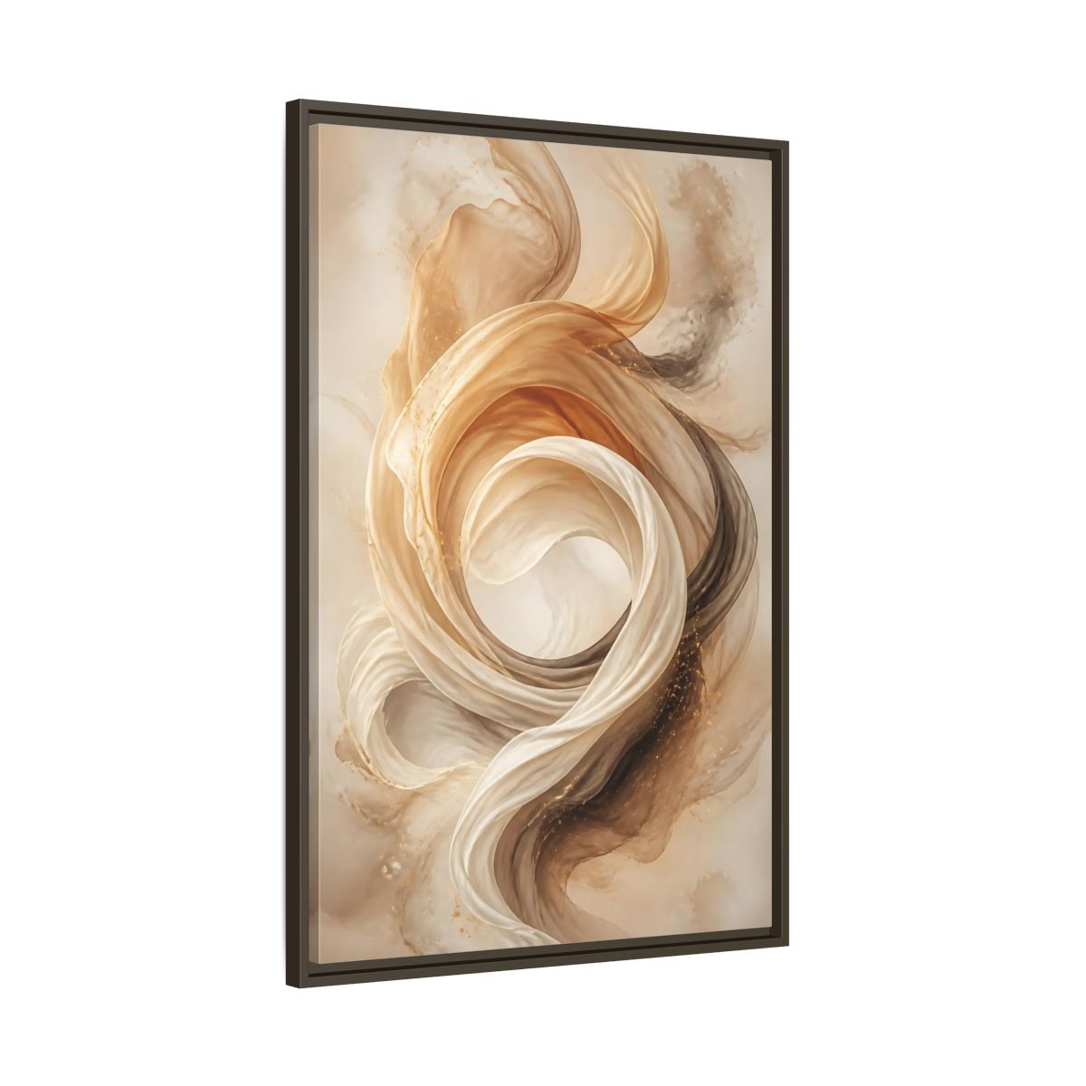 Main Mockup. Abstract Flowing Fabric Brown And Gold shown as stretched canvas wall art