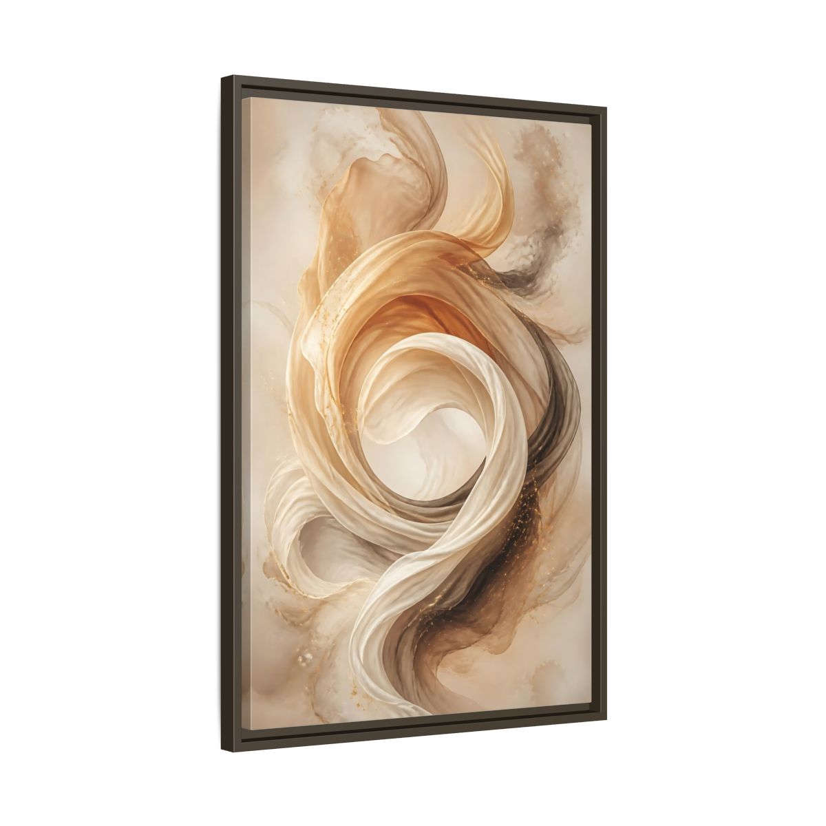 Side Mockup 11. Abstract Flowing Fabric Brown And Gold shown as stretched canvas wall art