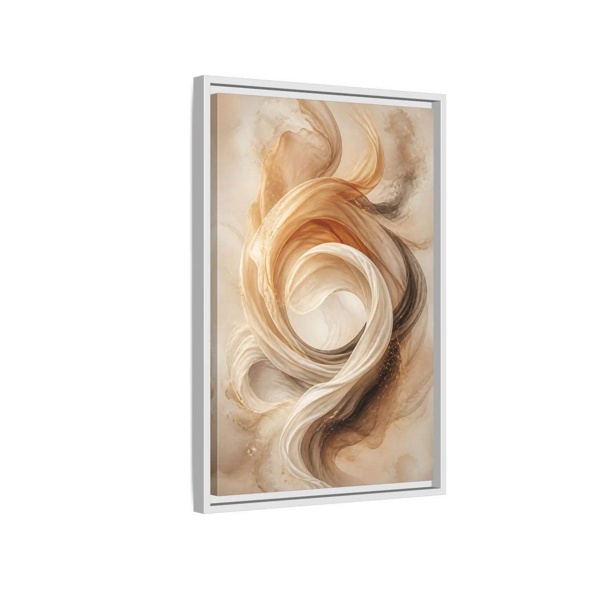 Side Mockup 1. Abstract Flowing Fabric Brown And Gold shown as stretched canvas wall art