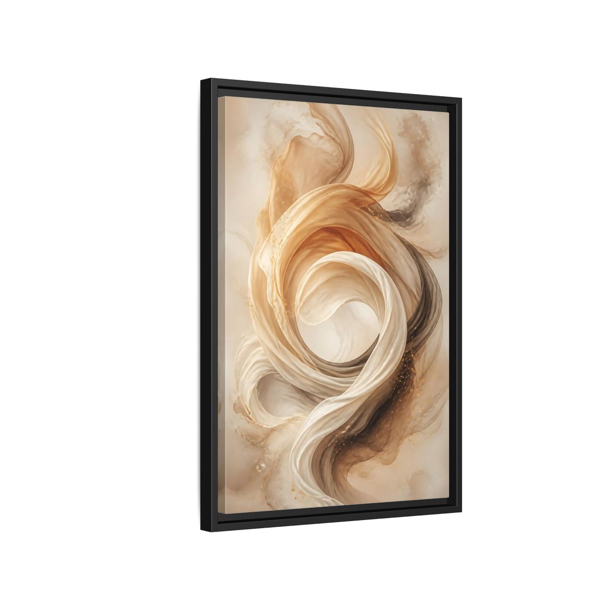 Side Mockup 3. Abstract Flowing Fabric Brown And Gold shown as stretched canvas wall art