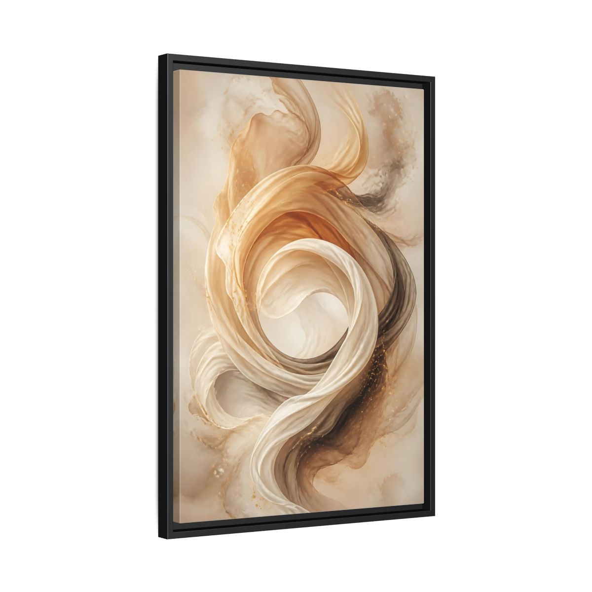 Side Mockup 14. Abstract Flowing Fabric Brown And Gold shown as stretched canvas wall art