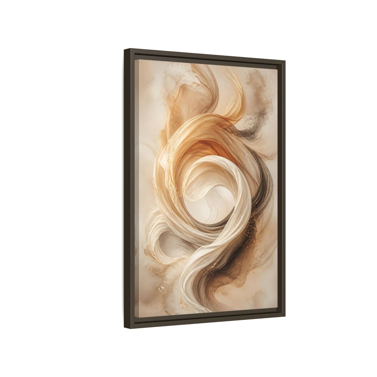 Side Mockup 2. Abstract Flowing Fabric Brown And Gold shown as stretched canvas wall art