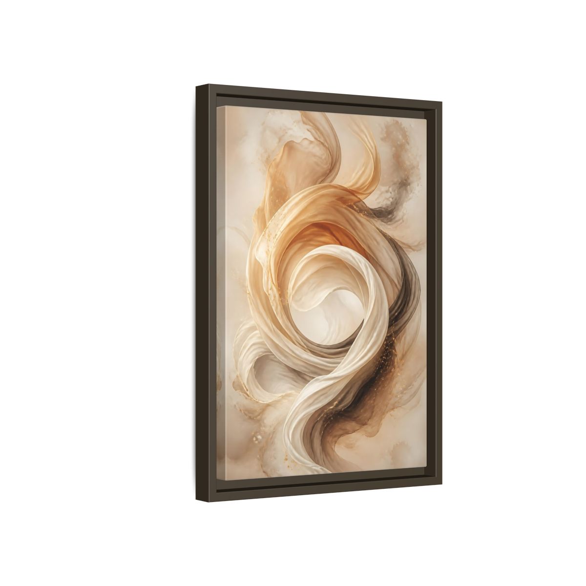 Side Mockup 5. Abstract Flowing Fabric Brown And Gold shown as stretched canvas wall art
