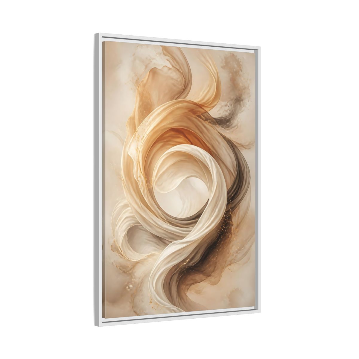 Side Mockup 9. Abstract Flowing Fabric Brown And Gold shown as stretched canvas wall art