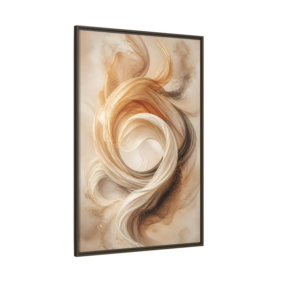 Side Mockup 8. Abstract Flowing Fabric Brown And Gold shown as stretched canvas wall art