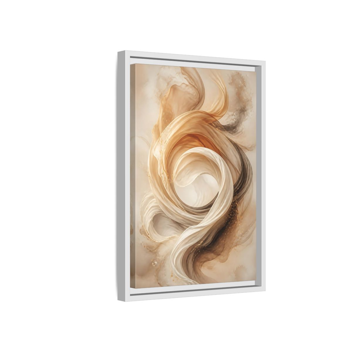 Side Mockup 4. Abstract Flowing Fabric Brown And Gold shown as stretched canvas wall art