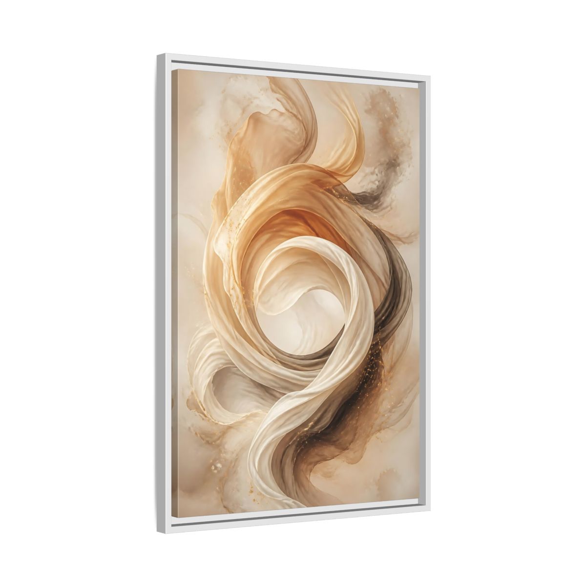 Side Mockup 10. Abstract Flowing Fabric Brown And Gold shown as stretched canvas wall art