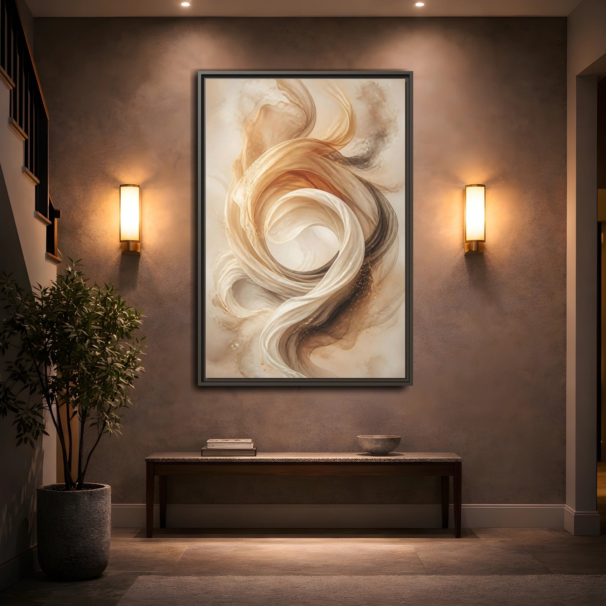 Mockup 2. Abstract Flowing Fabric Brown And Gold shown as stretched canvas wall art