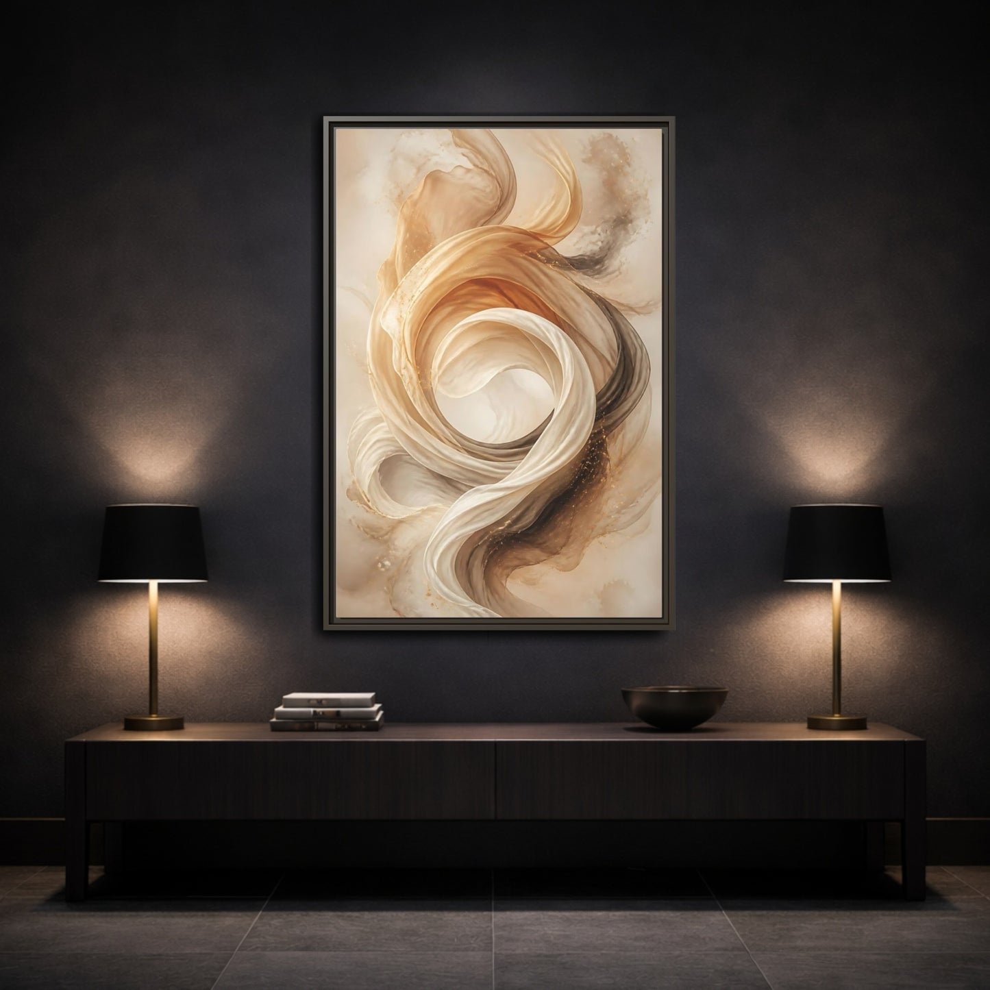 Mockup 3. Abstract Flowing Fabric Brown And Gold shown as stretched canvas wall art