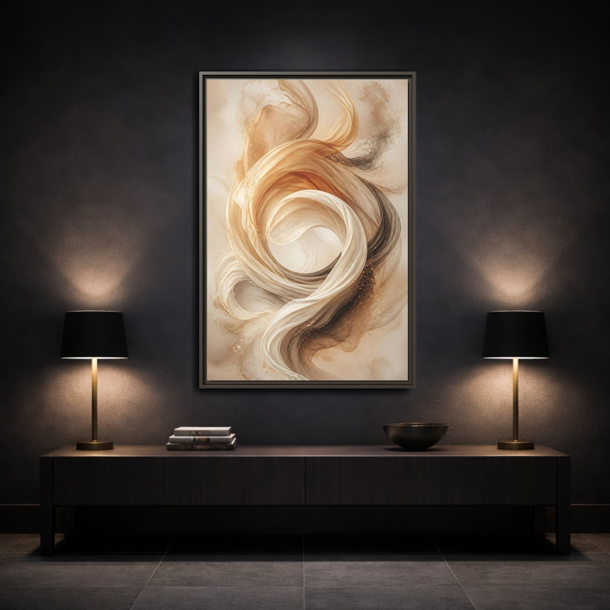 Mockup 3. Abstract Flowing Fabric Brown And Gold shown as stretched canvas wall art