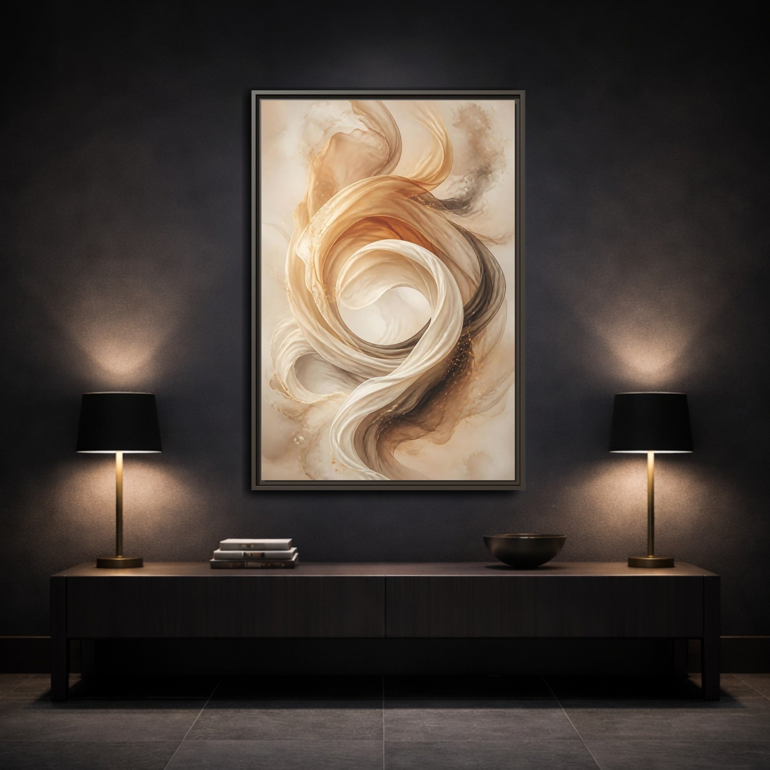 Mockup 3. Abstract Flowing Fabric Brown And Gold shown as stretched canvas wall art