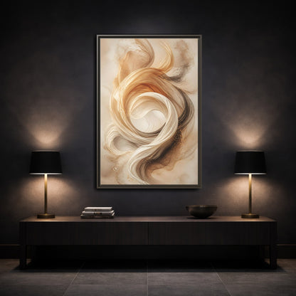 Mockup 3. Abstract Flowing Fabric Brown And Gold shown as stretched canvas wall art