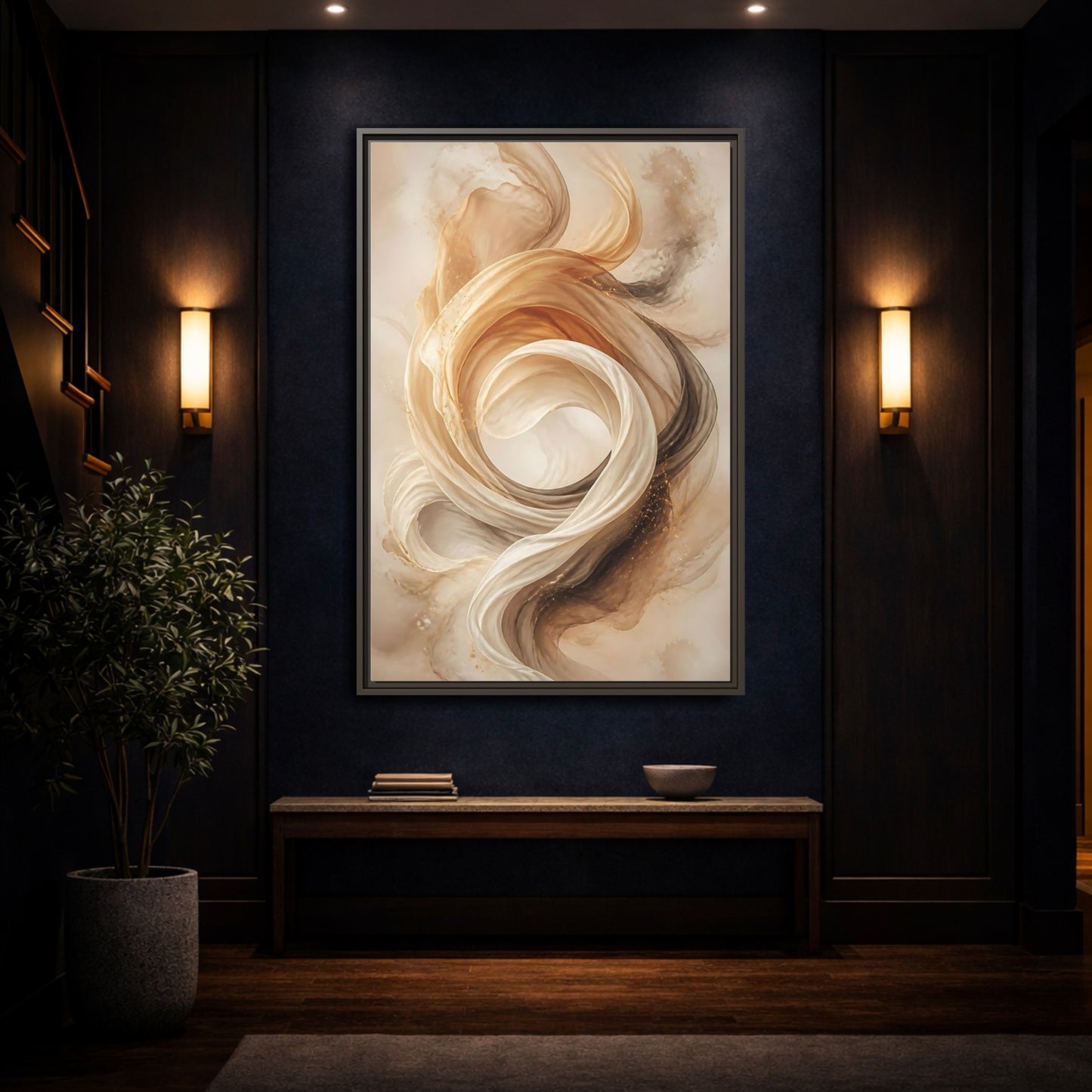 Mockup 4. Abstract Flowing Fabric Brown And Gold shown as stretched canvas wall art