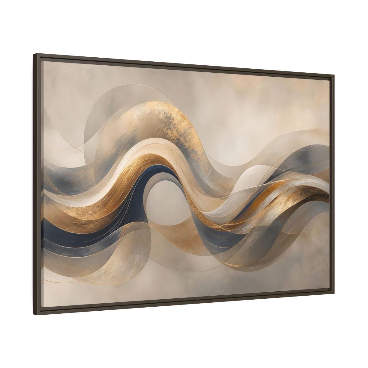 Side Mockup 8. Abstract Flowing Waves Gold And Navy Waves shown as stretched canvas wall art