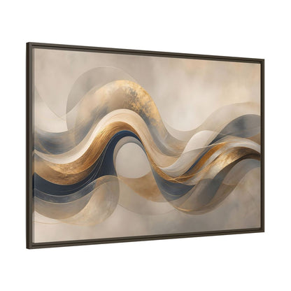 Side Mockup 8. Abstract Flowing Waves Gold And Navy Waves shown as stretched canvas wall art