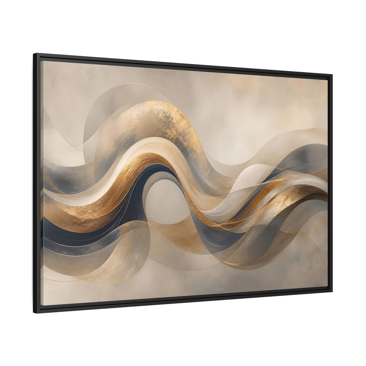 Side Mockup 12. Abstract Flowing Waves Gold And Navy Waves shown as stretched canvas wall art