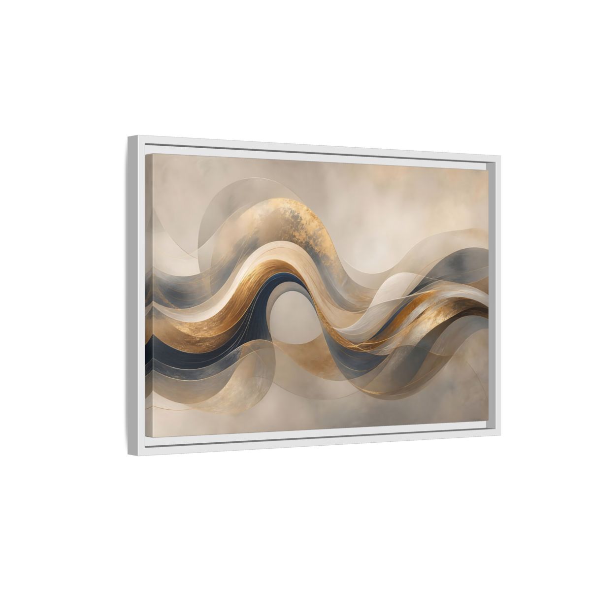 Side Mockup 1. Abstract Flowing Waves Gold And Navy Waves shown as stretched canvas wall art