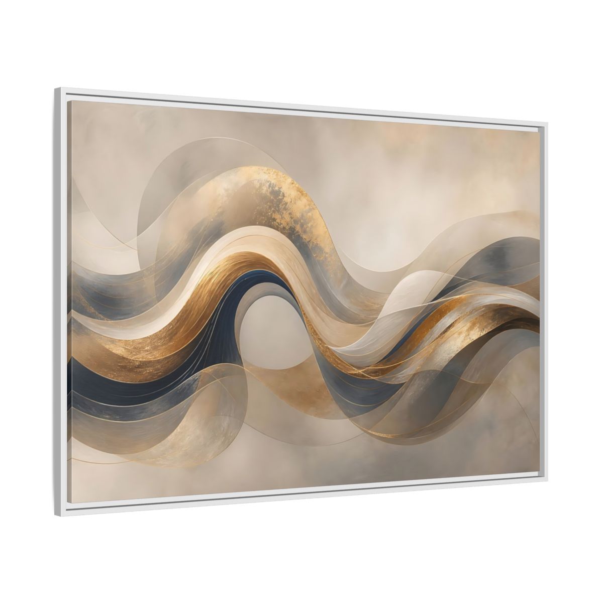 Side Mockup 7. Abstract Flowing Waves Gold And Navy Waves shown as stretched canvas wall art
