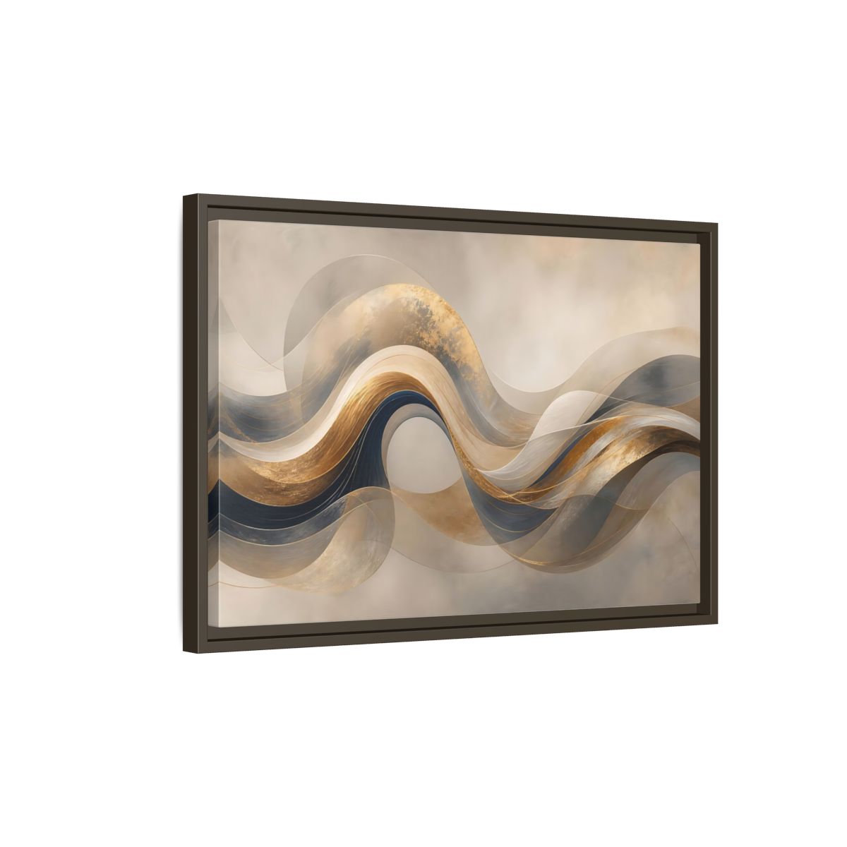 Side Mockup 2. Abstract Flowing Waves Gold And Navy Waves shown as stretched canvas wall art