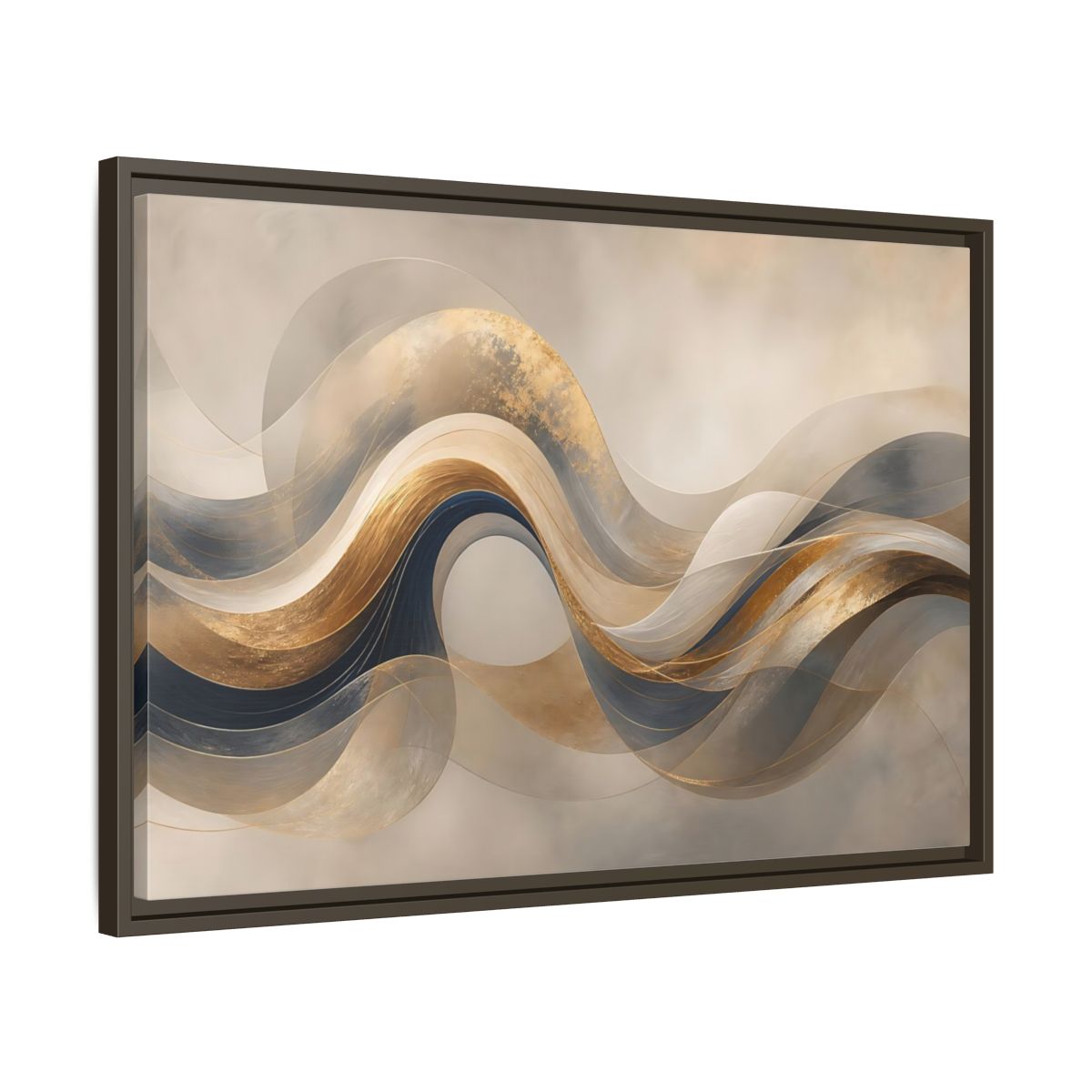 Side Mockup 11. Abstract Flowing Waves Gold And Navy Waves shown as stretched canvas wall art
