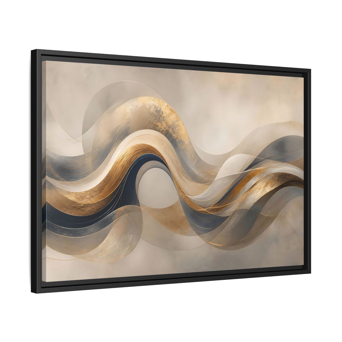 Side Mockup 14. Abstract Flowing Waves Gold And Navy Waves shown as stretched canvas wall art