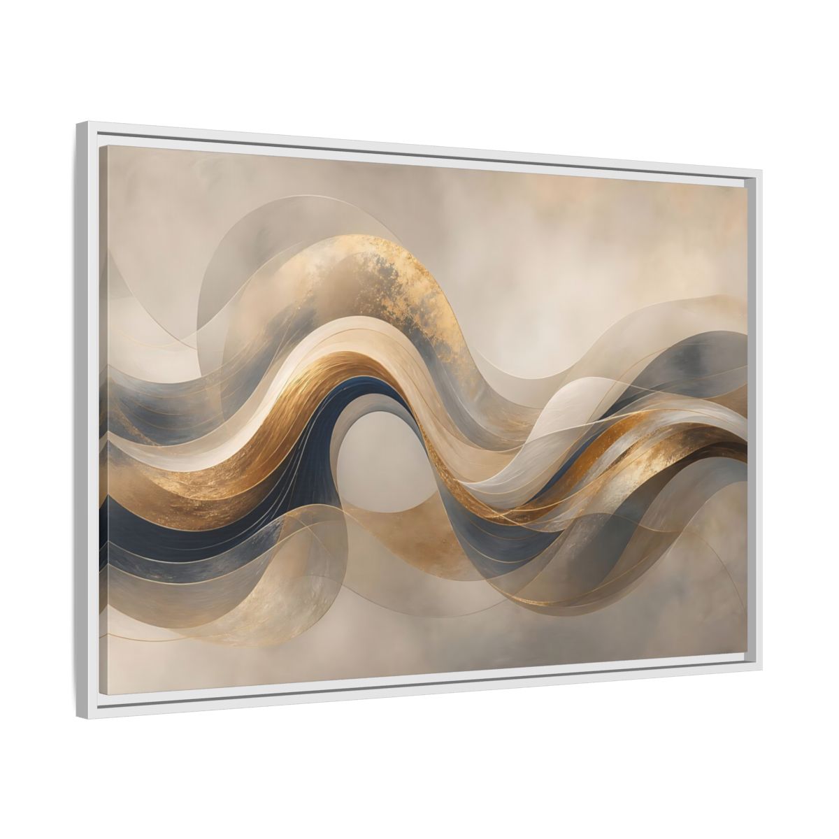 Side Mockup 9. Abstract Flowing Waves Gold And Navy Waves shown as stretched canvas wall art