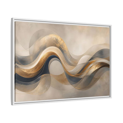 Side Mockup 9. Abstract Flowing Waves Gold And Navy Waves shown as stretched canvas wall art