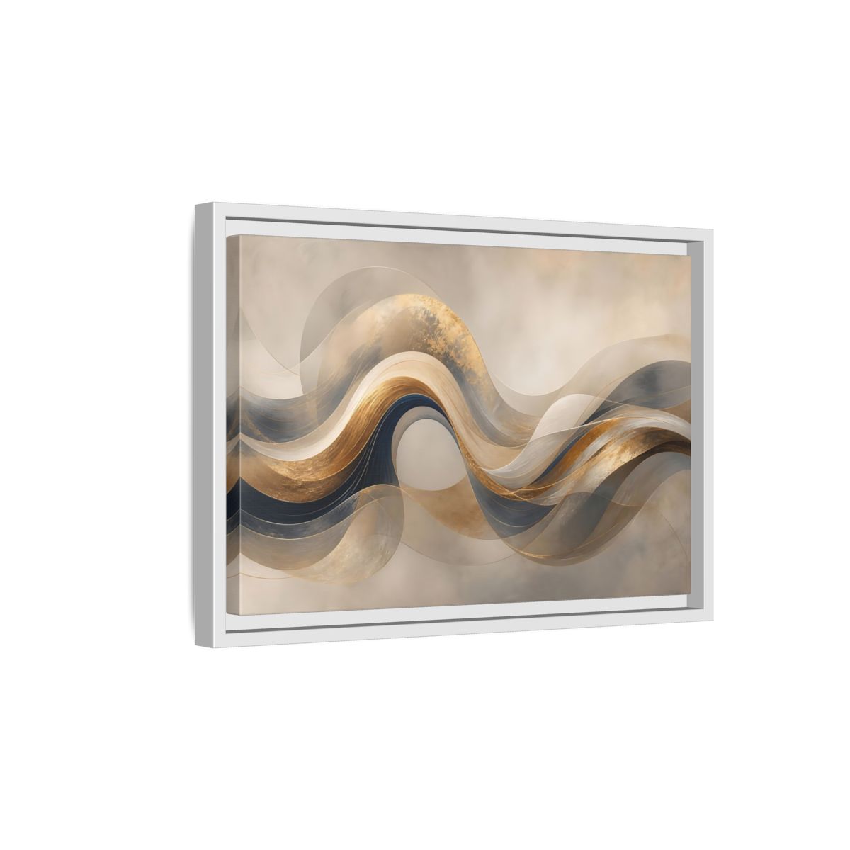 Side Mockup 4. Abstract Flowing Waves Gold And Navy Waves shown as stretched canvas wall art