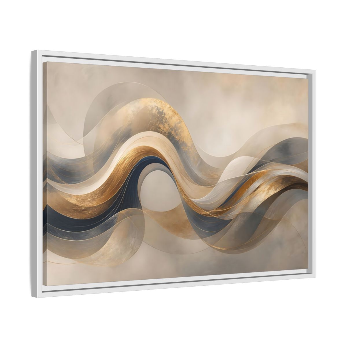 Side Mockup 10. Abstract Flowing Waves Gold And Navy Waves shown as stretched canvas wall art