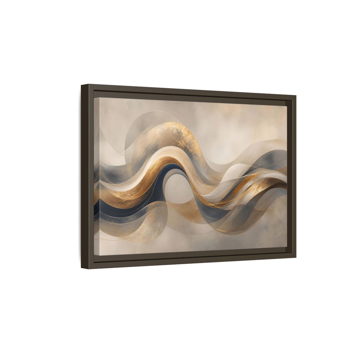 Side Mockup 5. Abstract Flowing Waves Gold And Navy Waves shown as stretched canvas wall art