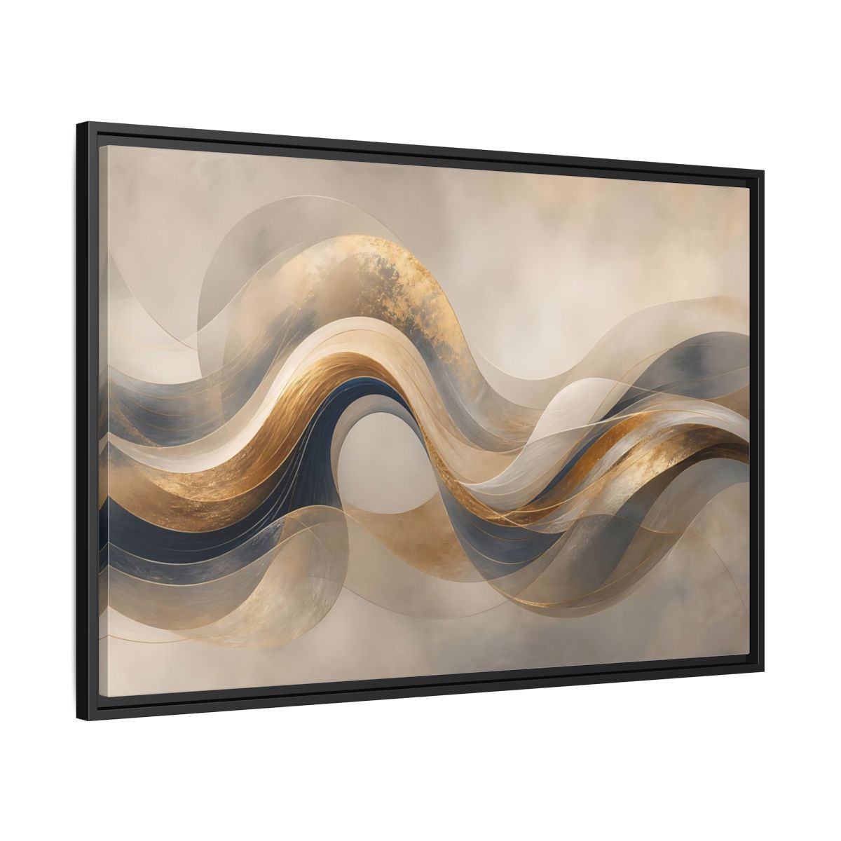 Side Mockup 13. Abstract Flowing Waves Gold And Navy Waves shown as stretched canvas wall art