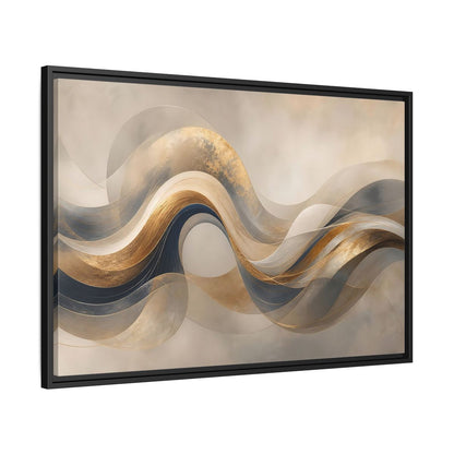 Side Mockup 13. Abstract Flowing Waves Gold And Navy Waves shown as stretched canvas wall art