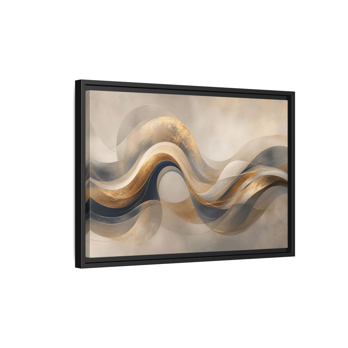 Side Mockup 3. Abstract Flowing Waves Gold And Navy Waves shown as stretched canvas wall art