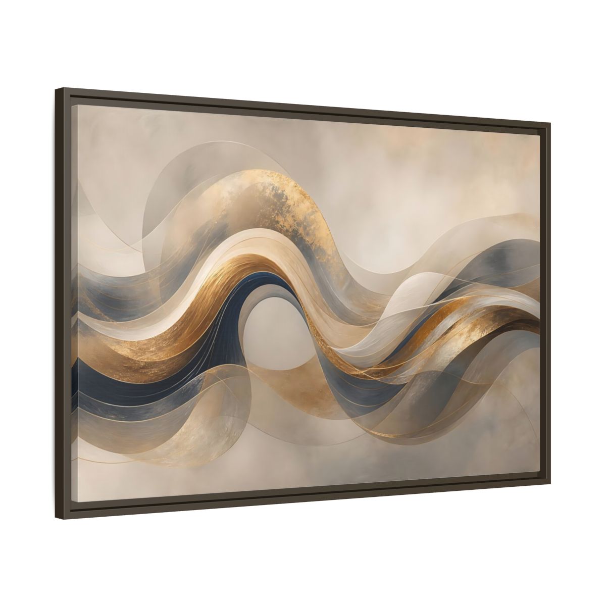 Main Mockup. Abstract Flowing Waves Gold And Navy Waves shown as stretched canvas wall art