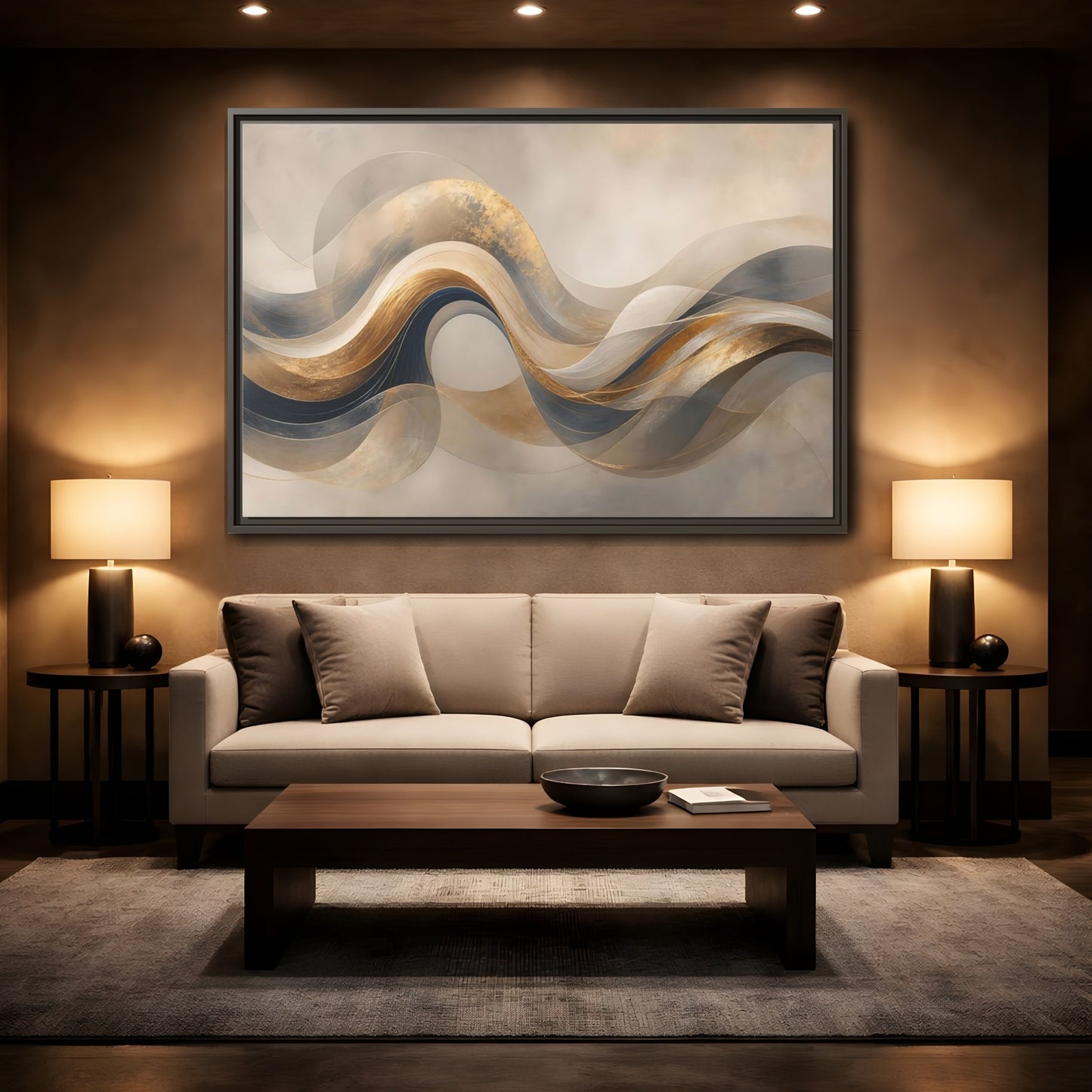 Mockup 2. Abstract Flowing Waves Gold And Navy Waves shown as stretched canvas wall art