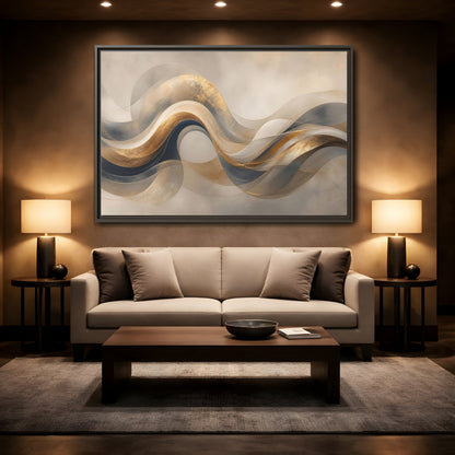 Mockup 2. Abstract Flowing Waves Gold And Navy Waves shown as stretched canvas wall art