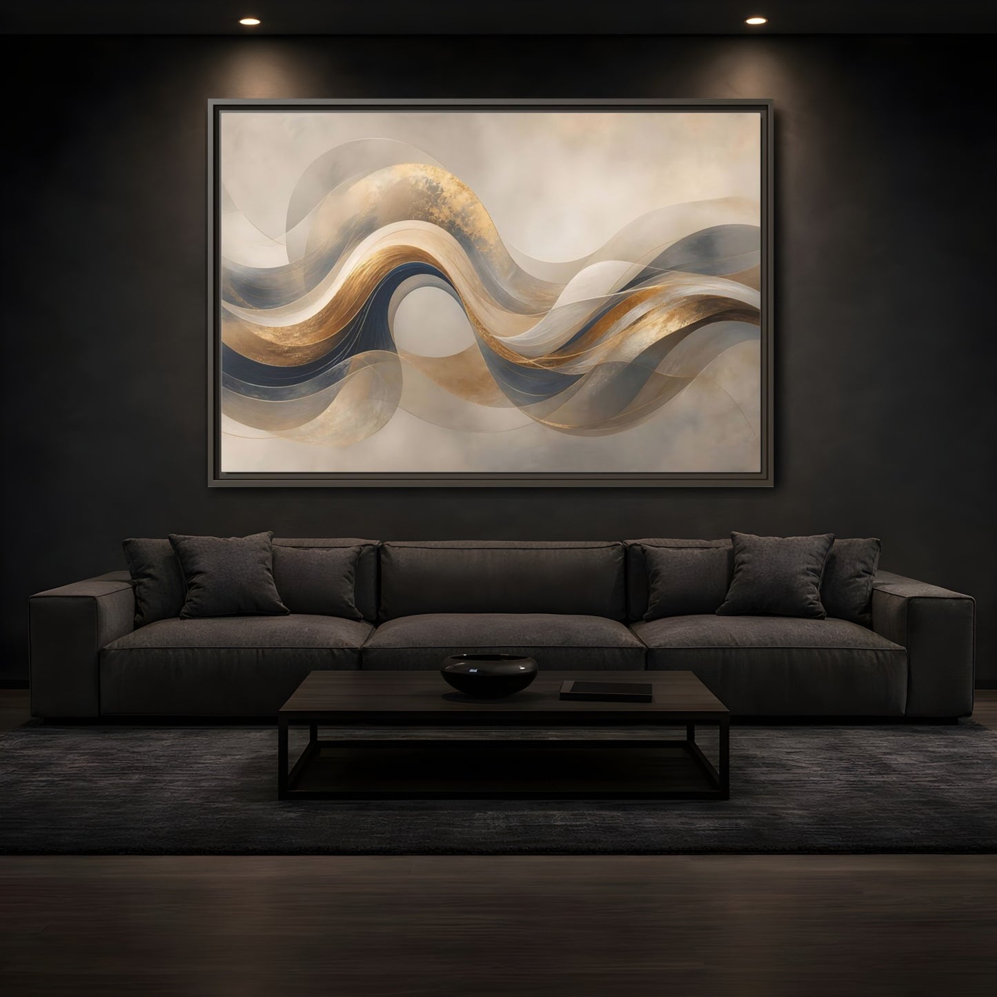 Mockup 3. Abstract Flowing Waves Gold And Navy Waves shown as stretched canvas wall art