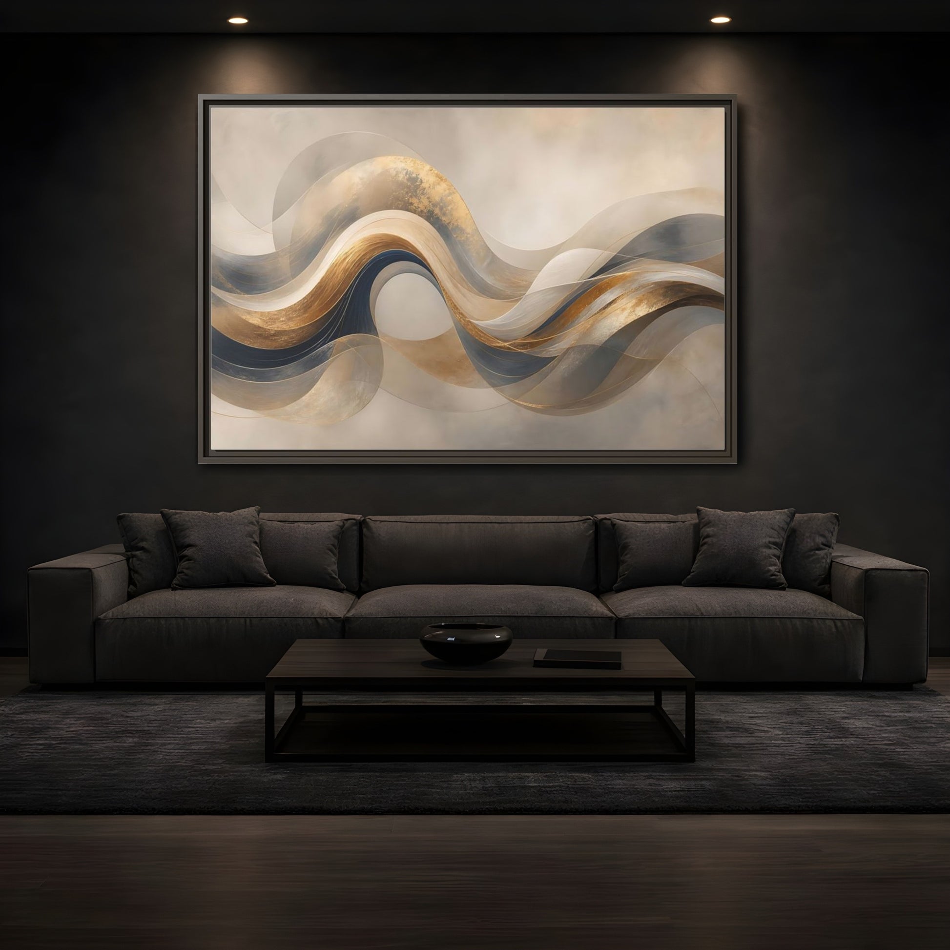 Mockup 3. Abstract Flowing Waves Gold And Navy Waves shown as stretched canvas wall art