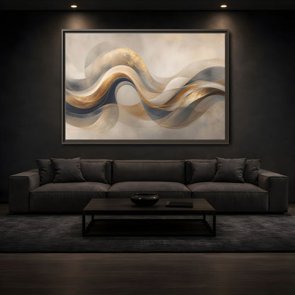 Mockup 3. Abstract Flowing Waves Gold And Navy Waves shown as stretched canvas wall art