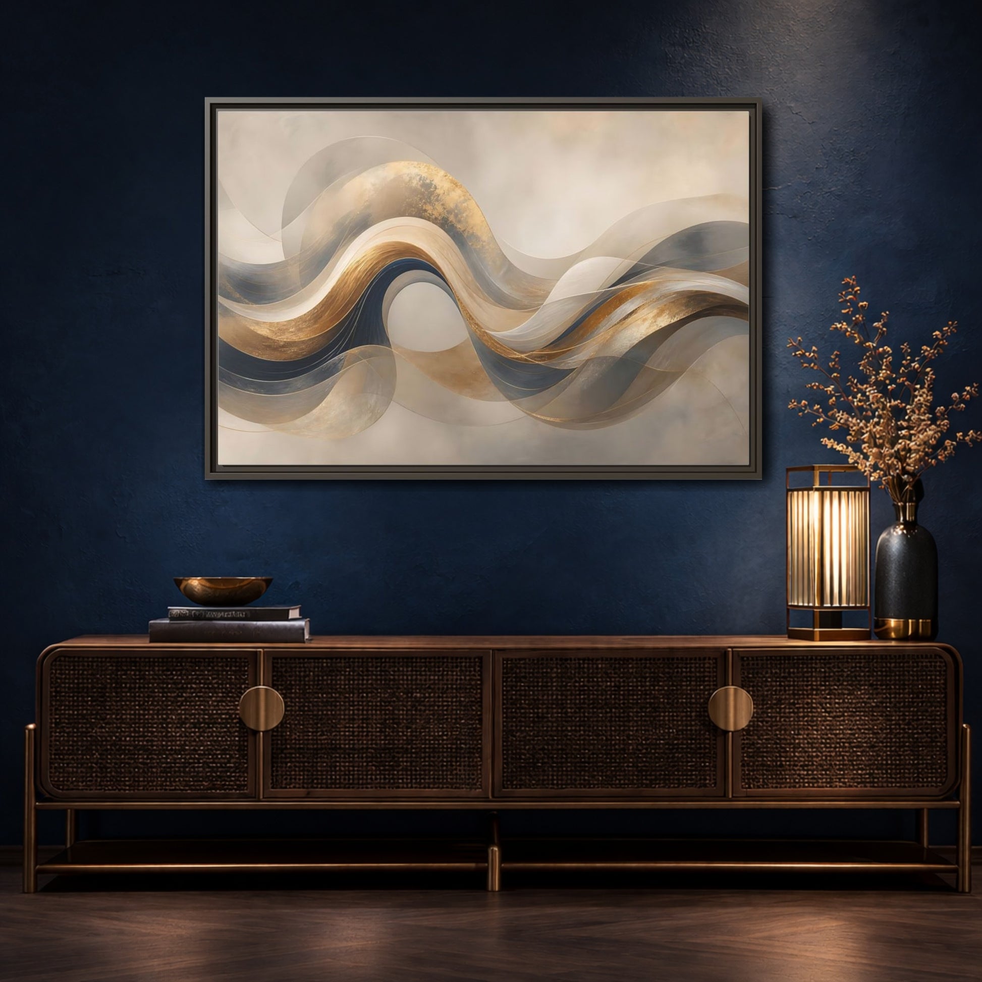 Mockup 4. Abstract Flowing Waves Gold And Navy Waves shown as stretched canvas wall art