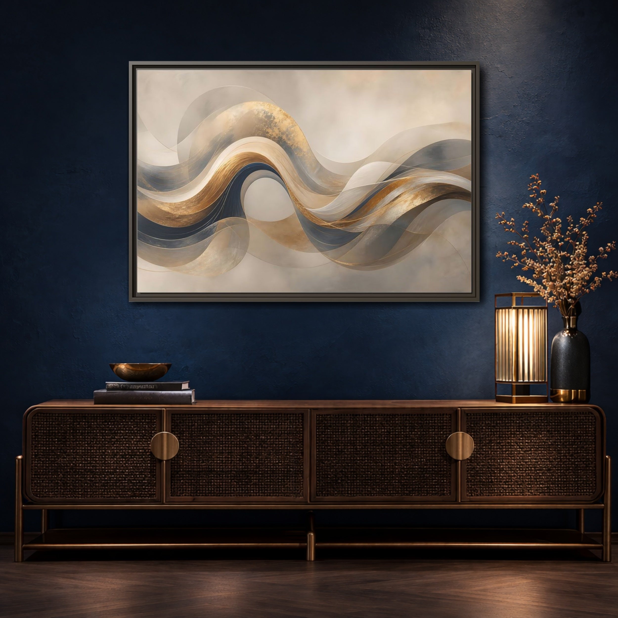Mockup 4. Abstract Flowing Waves Gold And Navy Waves shown as stretched canvas wall art