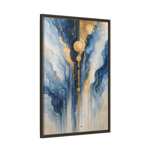 Main Mockup. Abstract Fluid Abstract Blue And Gold Abstract shown as stretched canvas wall art